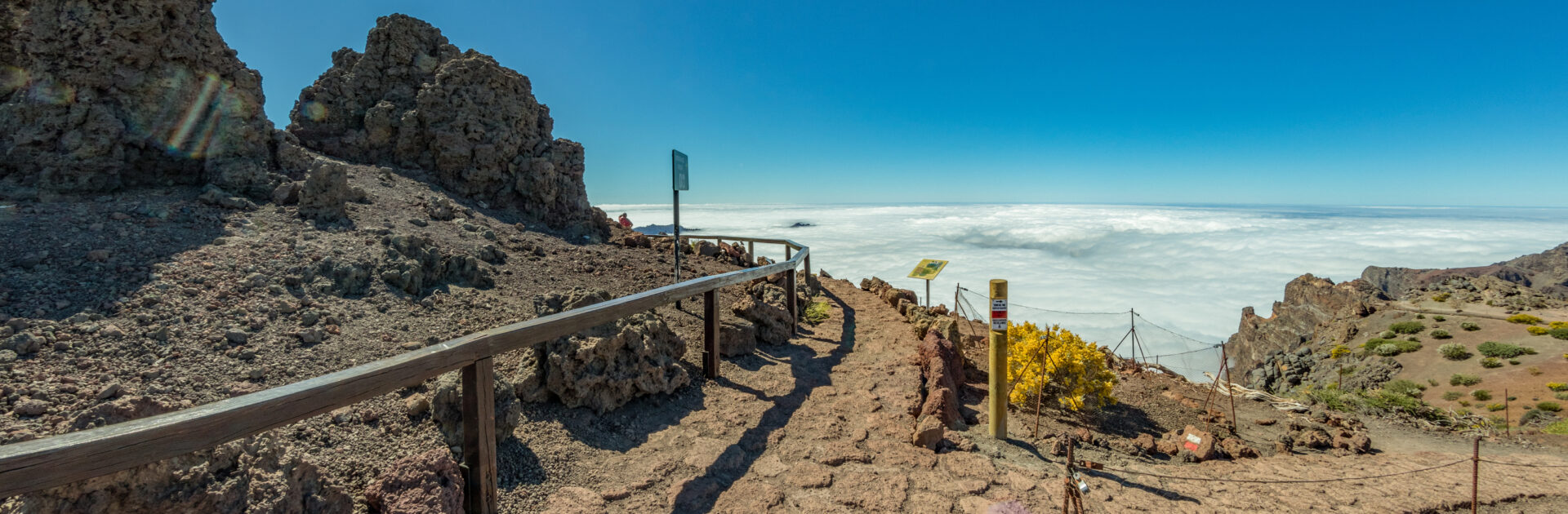 Fish eye Panorama of the National Park Caldera de Taburiente, volcanic crater seen from mountain peak of Roque de los Muchachos Viewpoint. Tenerife and El Hierro above the clouds. La Palma, Spain