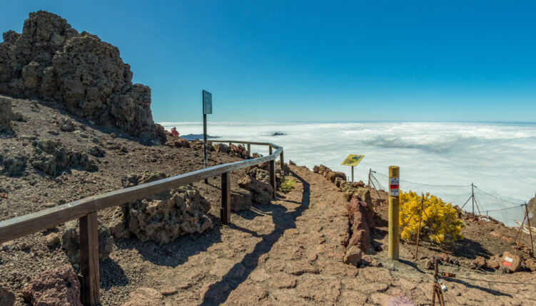 Fish eye Panorama of the National Park Caldera de Taburiente, volcanic crater seen from mountain peak of Roque de los Muchachos Viewpoint. Tenerife and El Hierro above the clouds. La Palma, Spain